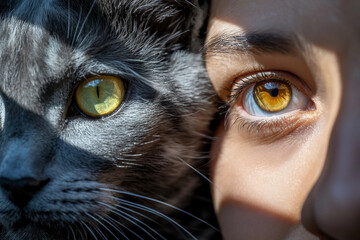 Split image of a cat s face and a human eye with similar golden irises
