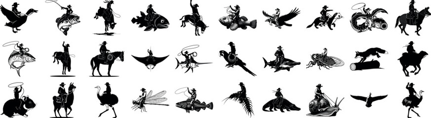 Obraz premium Silhouetted cowboys riding animals and insects in black and white
