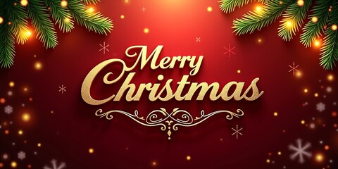 Sparkling golden merry christmas text on a red background with festive lights