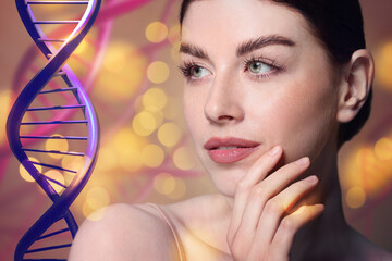 Beauty and science. Attractive woman against color background with DNA and bokeh lights