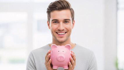 Financial Future: A smiling man holds a pink piggy bank, embodying savings and financial planning for a secure tomorrow.