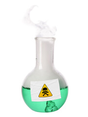 Obraz premium Poison in flask isolated on white. Laboratory glassware with skull and crossbones label