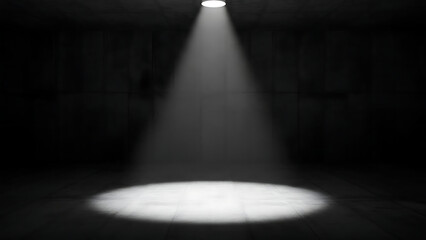 A single bright spotlight beam illuminates a circular area on the floor of a dark, grunge-style empty room, creating a dramatic background