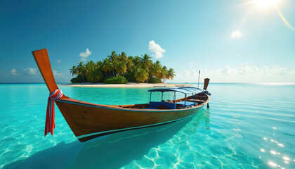 Wooden boat floats in turquoise ocean water near small island. Tropical island beach has palm trees and white sand. Vacation destination for summer holiday travel