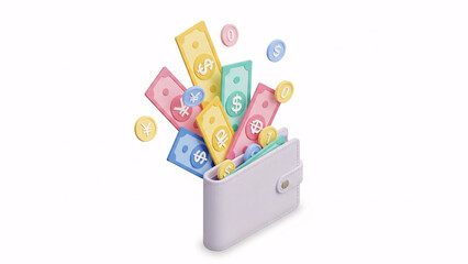 Financial Flush: A burst of colorful banknotes and coins erupts from a pristine, light-colored wallet, symbolizing financial abundance and the flow of wealth.