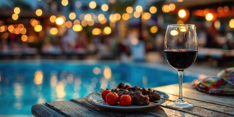 Evening Indulgence - Wine, Appetizers, and Poolside Ambiance Under Twinkling Lights.