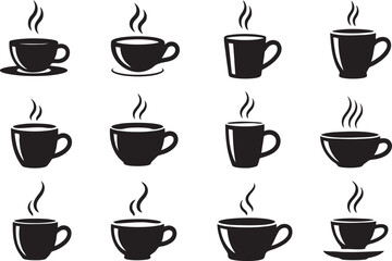 Collection of assorted coffee cups with steaming hot beverage illustration