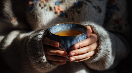 Hands Holding Warm Cup of Tea in Morning Light