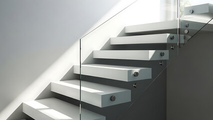 Modern floating white staircase with minimalist design and glass railing bathed in natural sunlight creating dramatic shadows and a sense of spaciousness and architectural elegance