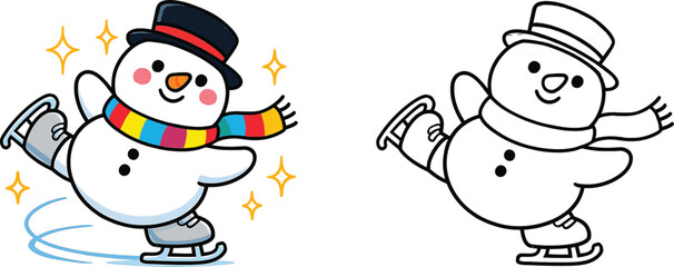 Cheerful Cartoon Snowman Ice Skating Winter Holiday Fun