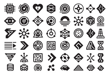 Mega High-Tech Digital Icon Set: 49 Techno Futuristic, Geometric, and Cyber Vector Symbols. Data, Security, AI, and Abstract Science Interface Graphics.