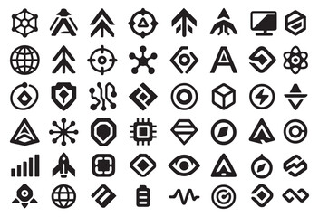 Mega High-Tech Digital Icon Set: 49 Techno Futuristic, Geometric, and Cyber Vector Symbols. Data, Security, AI, and Abstract Science Interface Graphics.