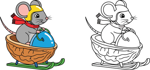 Cute Cartoon Mouse Sledding in a Walnut Shell Winter Adventure