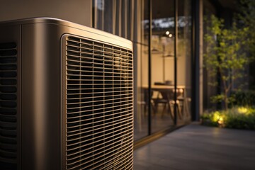 Outdoor Air Conditioning Unit Near Modern Home at Night.