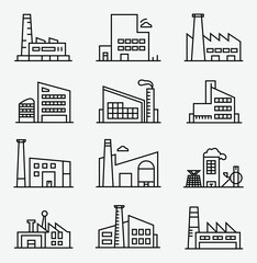 Obraz premium Industrial factory buildings outline icons set against a plain background