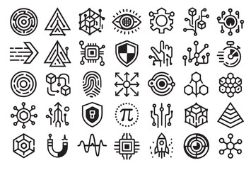 High-Tech Digital Icon Set: 49 Techno Futuristic, Geometric, and Cyber Vector Symbols. Data, Security, AI, and Abstract Science Interface Graphics.