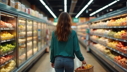Woman with basket shops for groceries in supermarket. She walks down aisle with fresh produce. Lights illuminate food displays. She picks out healthy items.