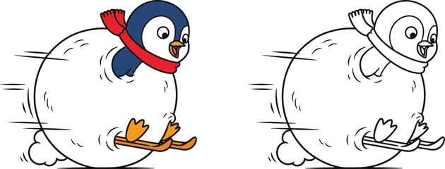 Dynamic Cartoon Penguin Rolling in a Snowball Winter Speed and Fun