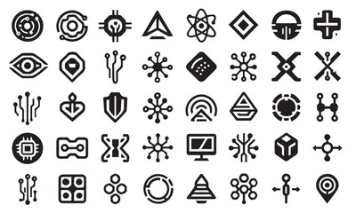 Techno Futuristic Abstract Icon Set: 49 Digital, Hi-Tech, Geometric, and Cyber Vector Symbols. Modern Technology, Network, Science, and Minimalist Shape Graphics.