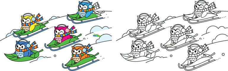 Group of Colorful Cartoon Owls Sledding on Leaves Winter Forest Fun
