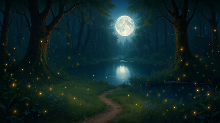 Obraz premium A glowing full moon shines brightly over a river in the woods. Fireflies light up the dark scene, creating a warm atmosphere. A pathway leads through the grass and trees