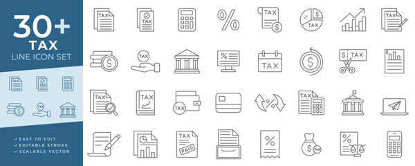 Tax line art icon set vector style for finance, accounting, budget, government documents, audits, payments, revenue reports, business data, currency, legal forms, and investment calculations.