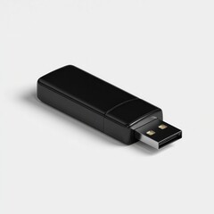 Black USB Flash Drive on White Background for Data Storage.