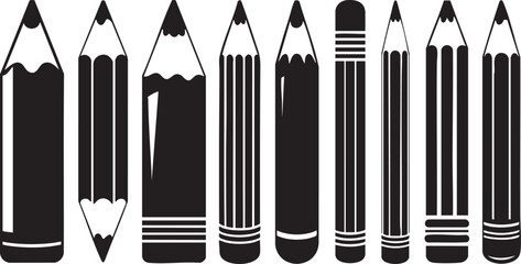 Collection of diverse pencils in black and white graphic style vector