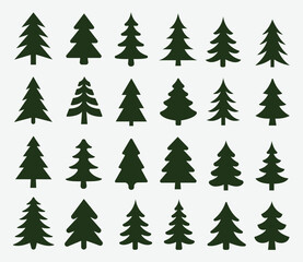 Fototapeta premium Collection of evergreen tree silhouettes on a white background design elements