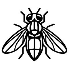 Minimalist line drawing of a housefly viewed from above with detailed wings, compound eyes, and six legs&mdash;clean black outline ideal for science visuals, pest-control signage, and educational materials.