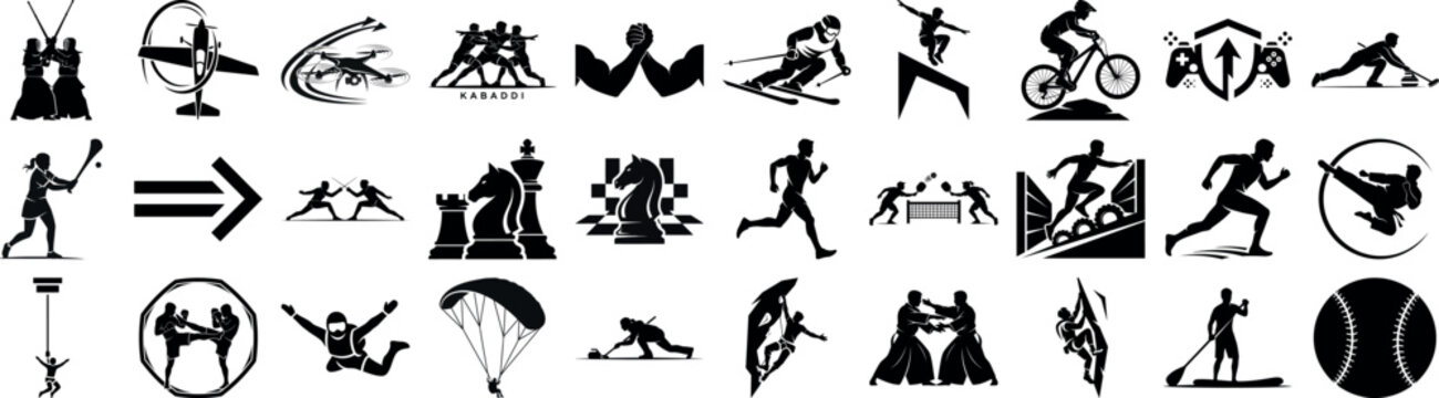 Collection of various sports and activities in black and white silhouette