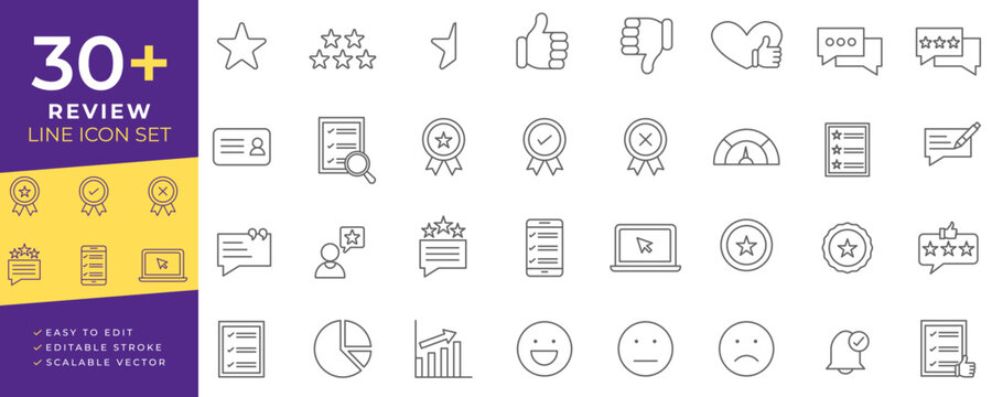 Review icon vector set, editable stroke, and scalable vector line design featuring feedback, approval, customer satisfaction, testimonials, opinion, survey, and quality assessment symbols.