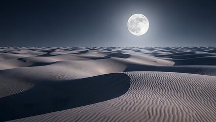 Serene desert landscape under a luminous full moon with rippling sand dunes casting long shadows in the ethereal night sky