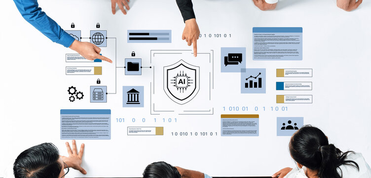 Business professionals engage in a discussion about AI security, utilizing data and graphics in a modern workspace, emphasizing collaboration and strategy formation. Gantry