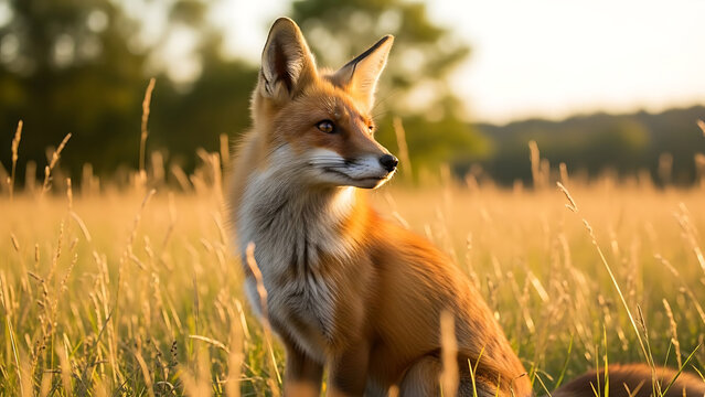 A majestic red fox with alert ears stands tall in a golden field of tall grass at sunset its fur illuminated by the warm evening light - Powered by Adobe