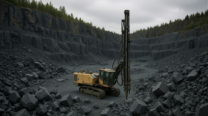 A large drilling machine is in a stone quarry surrounded by steep rock walls. The skies are gray, and the ground is covered with large stones. The machine operates on a rocky surface