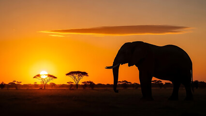 Majestic african elephant silhouetted against a vibrant orange sunset sky with acacia trees and savanna landscape in the background evoking a sense of wild nature and peaceful twilight