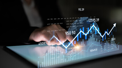 Modern digital chart showcases financial data with upward trends and global connectivity. Ideal for business analysis, market research, and financial growth insights. Scalp