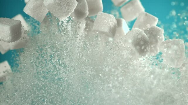 Cubes of sugar fly up and fall down on a blue background. Filmed on a high-speed camera at 1000 fps. High quality FullHD footage
