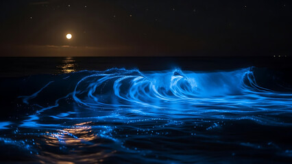 Bioluminescent waves glow with electric blue light under a full moon on a dark ocean creating a magical and ethereal natural phenomenon