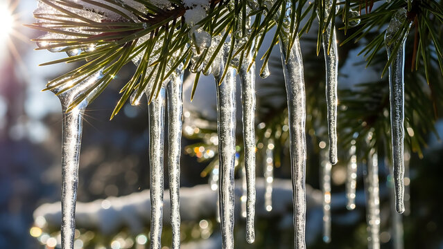 Delicate icicles hang from a pine tree branch glistening in the soft sunlight of a winter morning creating a beautiful frosty natural scene - Powered by Adobe