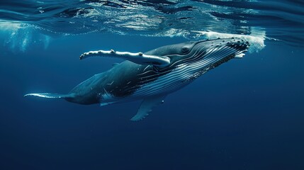 Naklejka premium Humpback Whale Collection: Assorted Humpback Whale Shots (Close-Ups, Breeching, Gliding, Swimming) in Ocean Settings (Clear Blue Water, Sunset Skies, Deep Dark Seas) for Marine Wildlife, Nature, and A