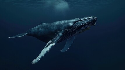 Fototapeta premium Humpback Whale Collection: Assorted Humpback Whale Shots (Close-Ups, Breeching, Gliding, Swimming) in Ocean Settings (Clear Blue Water, Sunset Skies, Deep Dark Seas) for Marine Wildlife, Nature, and A