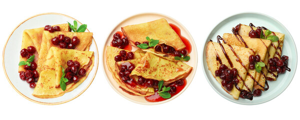 Delicious crepes served with cherry jam isolated on white, set. Top view
