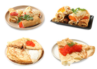 Delicious crepes served with red caviar isolated on white, set