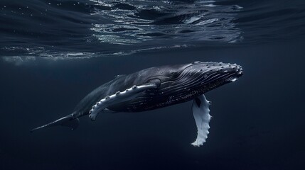 Obraz premium Humpback Whale Collection: Assorted Humpback Whale Shots (Close-Ups, Breeching, Gliding, Swimming) in Ocean Settings (Clear Blue Water, Sunset Skies, Deep Dark Seas) for Marine Wildlife, Nature, and A