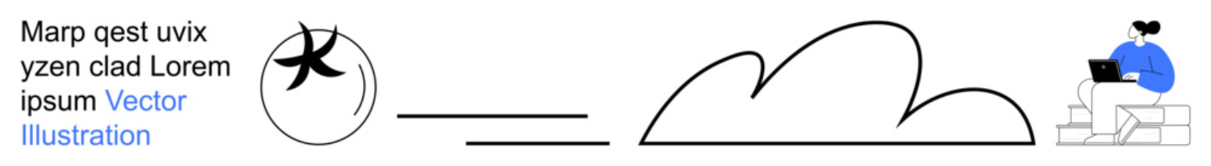 Cloud computing, data management, remote work, digital networks, online collaboration, technology. Simple shapes forming a cloud, user seated with a laptop. Cloud computing and data management