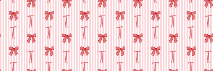 Seamless pattern featuring red ribbon bows on soft pink vertical stripes. Cute feminine design perfect for packaging, textiles, stationery, and Valentine&rsquo;s themes