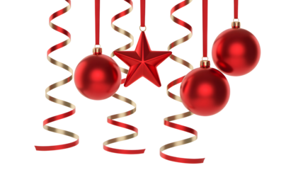 Red christmas ornaments and star with ribbons on black background