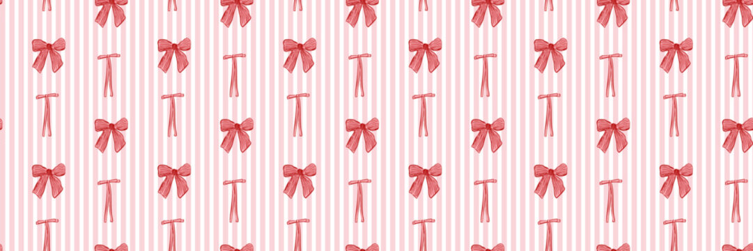 Seamless pattern featuring red ribbon bows on soft pink vertical stripes. Cute feminine design perfect for packaging, textiles, stationery, and Valentine&rsquo;s themes